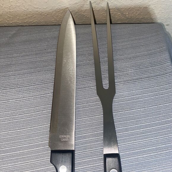 New 13” Carving Fork and Knife Stainless Steel Set with Black Handles - Picture 5 of 8